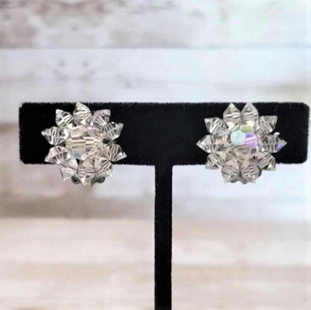 Vintage Clip On Earrings Small Clear Iridescent Bead Cluster 0.75"